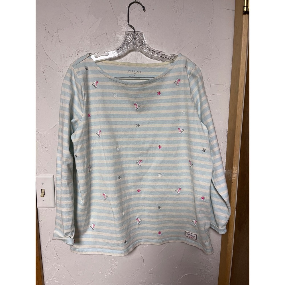 Talbots Plus Size Long Sleeve Striped Ice Skate Embroidered‎ Top 1X